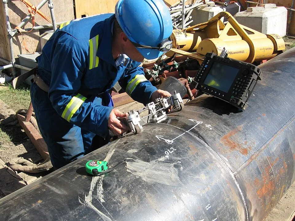 Technician testing a pipeline weld with an ultrasonic phased array scanner
